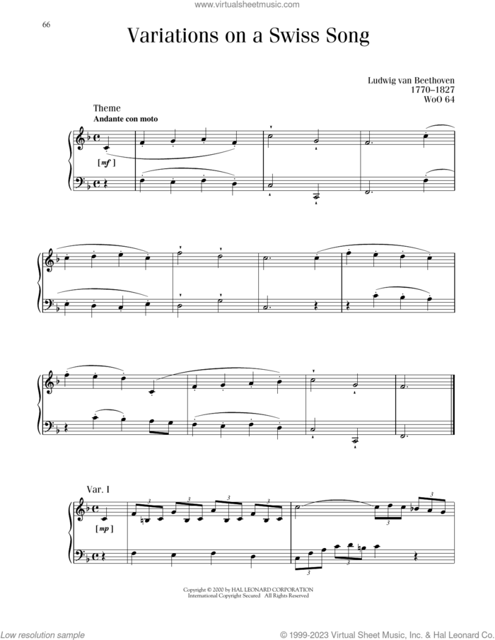 Six Easy Variations On A Swiss Song sheet music for piano solo by Ludwig van Beethoven, classical score, intermediate skill level