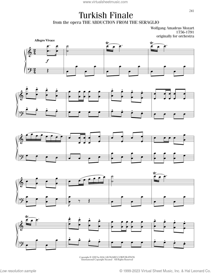 Turkish Finale sheet music for piano solo by Wolfgang Amadeus Mozart, classical score, intermediate skill level