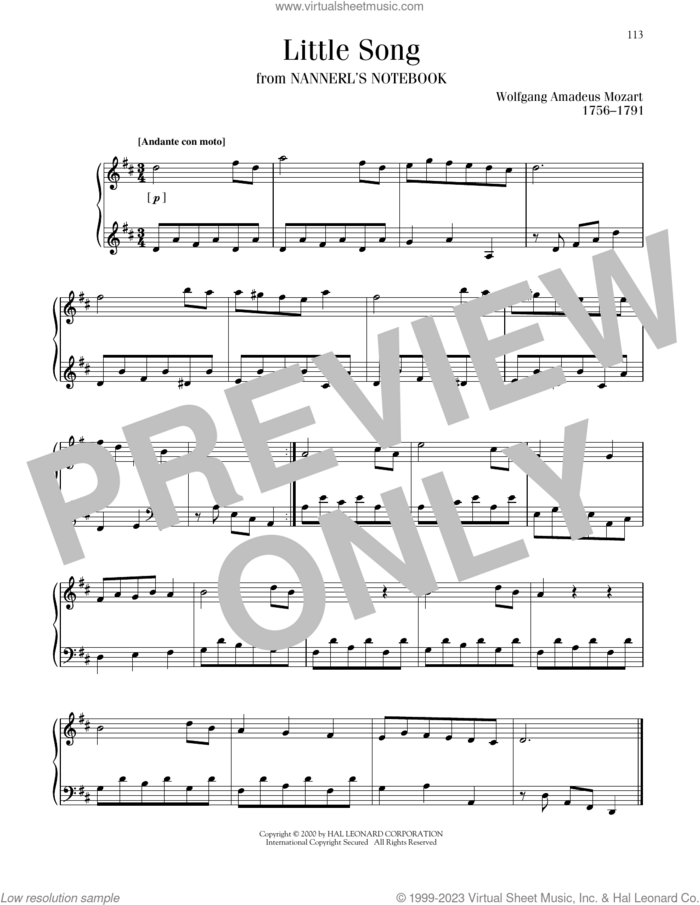 Little Song sheet music for piano solo by Wolfgang Amadeus Mozart, classical score, intermediate skill level