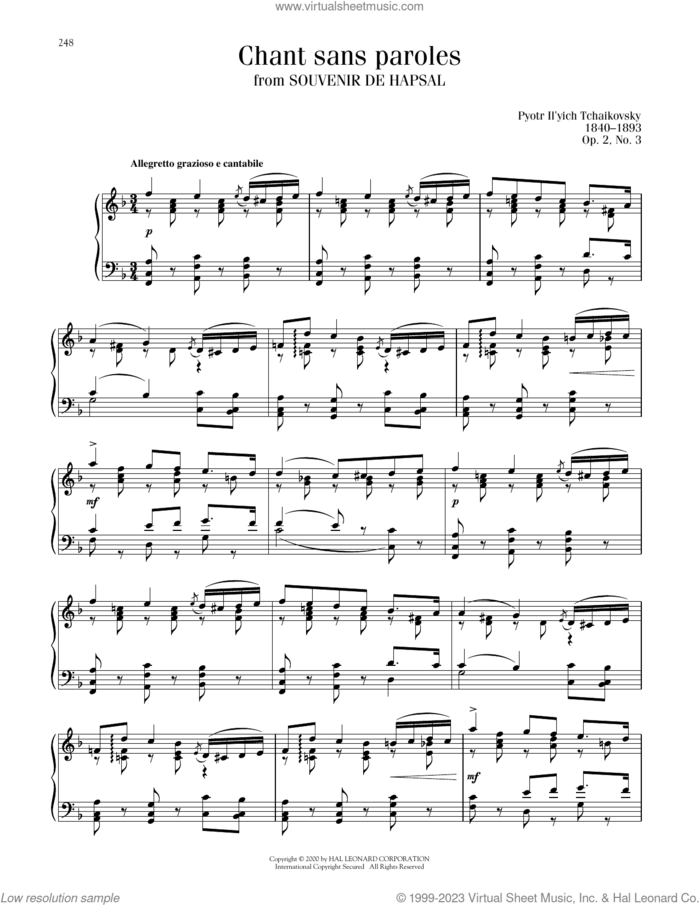 Chant Sans Paroles, Op. 2, No. 3 sheet music for piano solo by Pyotr Ilyich Tchaikovsky, classical score, intermediate skill level