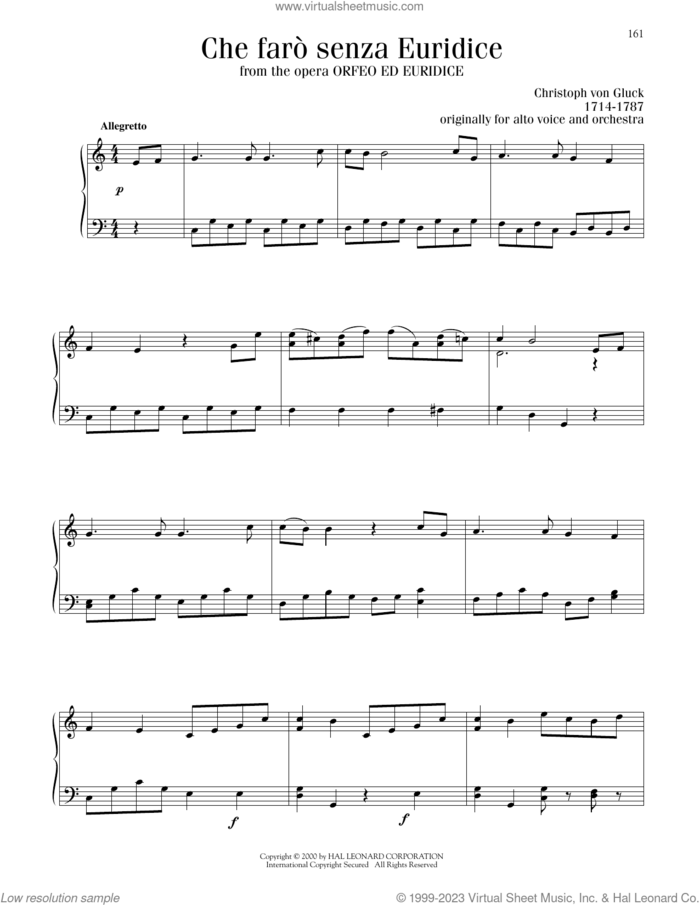 Che Faro Senza Euridice? (Orpheus And Eurydice) sheet music for piano solo by Christoph Willibald Gluck, classical score, intermediate skill level
