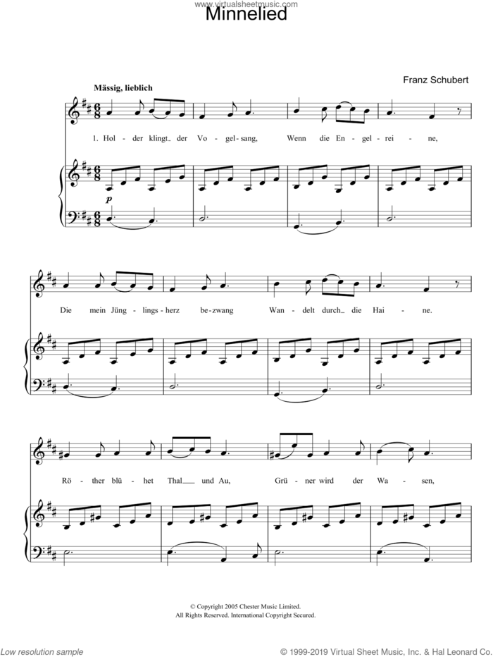 Minnelied D.429 sheet music for piano solo by Franz Schubert, classical score, easy skill level
