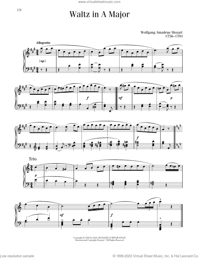 Waltz In A Major sheet music for piano solo by Wolfgang Amadeus Mozart, classical score, intermediate skill level