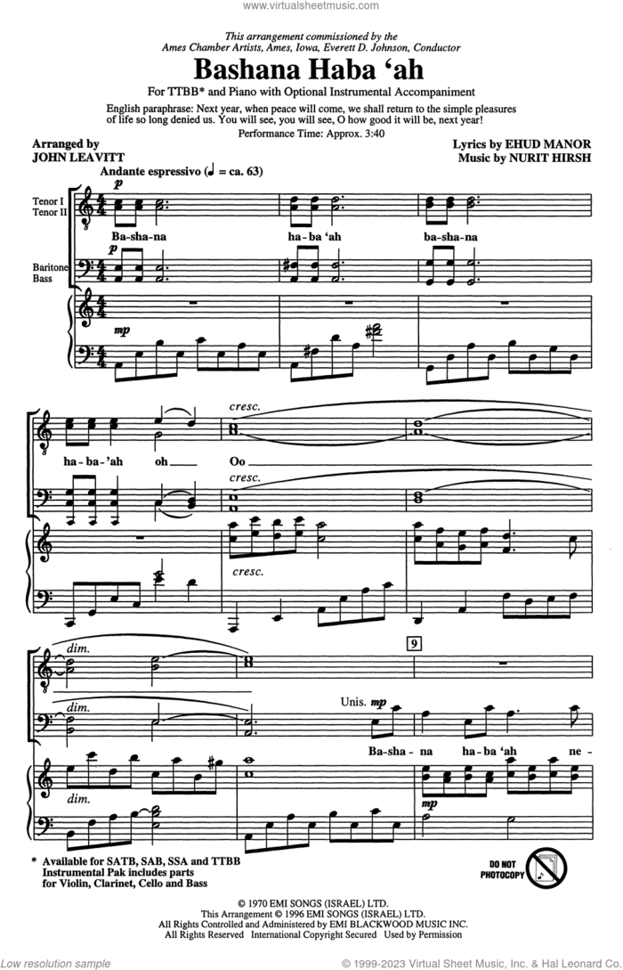 Bashana Haba'ah (arr. John Leavitt) sheet music for choir (TTBB: tenor, bass) by Nurit Hirsh, John Leavitt and Ehud Manor, intermediate skill level
