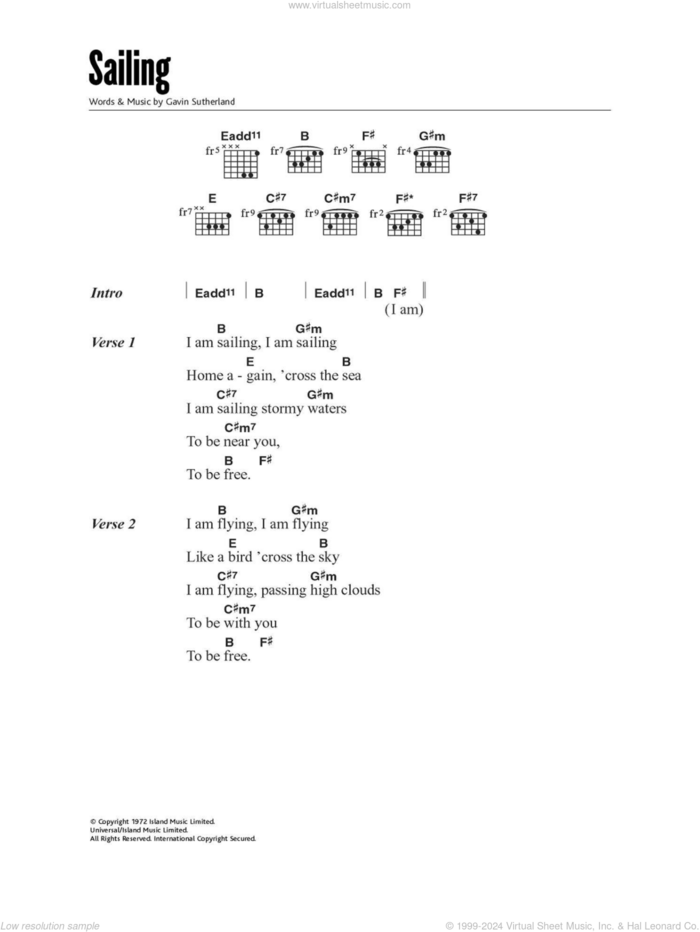 Sailing sheet music for guitar (chords) by Rod Stewart and Gavin Sutherland, intermediate skill level