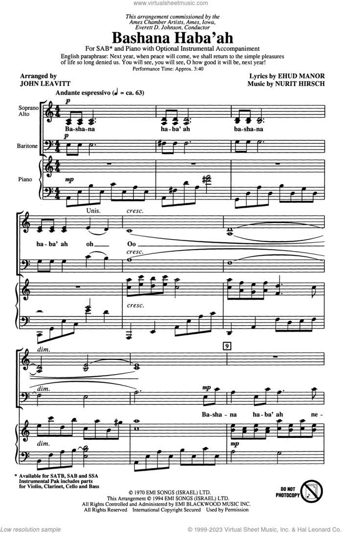 Bashana Haba'ah (arr. John Leavitt) sheet music for choir (SAB: soprano, alto, bass) by Nurit Hirsh, John Leavitt and Ehud Manor, intermediate skill level