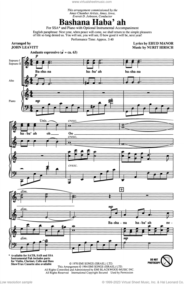 Bashana Haba'ah (arr. John Leavitt) sheet music for choir (SSA: soprano, alto) by Nurit Hirsh, John Leavitt and Ehud Manor, intermediate skill level