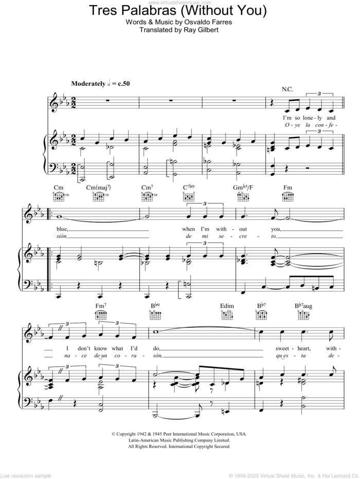 Tres Palabras (Without You) sheet music for voice, piano or guitar by Nat King Cole and Osvaldo Farres, intermediate skill level