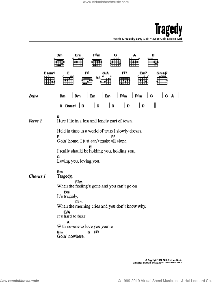 Tragedy sheet music for guitar (chords) by Bee Gees, Barry Gibb, Maurice Gibb and Robin Gibb, intermediate skill level