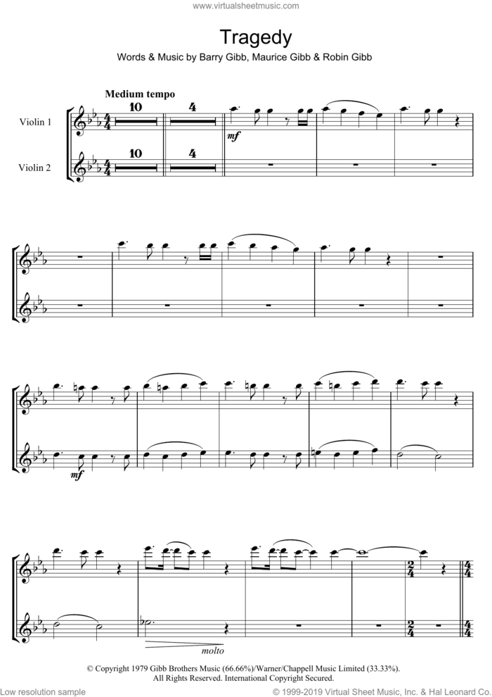 Tragedy sheet music for two violins (duets, violin duets) by Steps, Bee Gees, Barry Gibb, Maurice Gibb and Robin Gibb, intermediate skill level