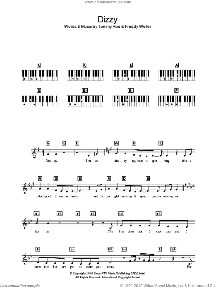 Dizzy sheet music for piano solo (chords, lyrics, melody) by Tommy Roe, Vic Reeves and Freddy Weller, intermediate piano (chords, lyrics, melody)