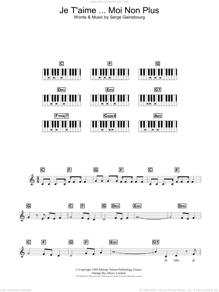 Je T'aime... Moi Non Plus sheet music for piano solo (chords, lyrics, melody) by Serge Gainsbourg, intermediate piano (chords, lyrics, melody)
