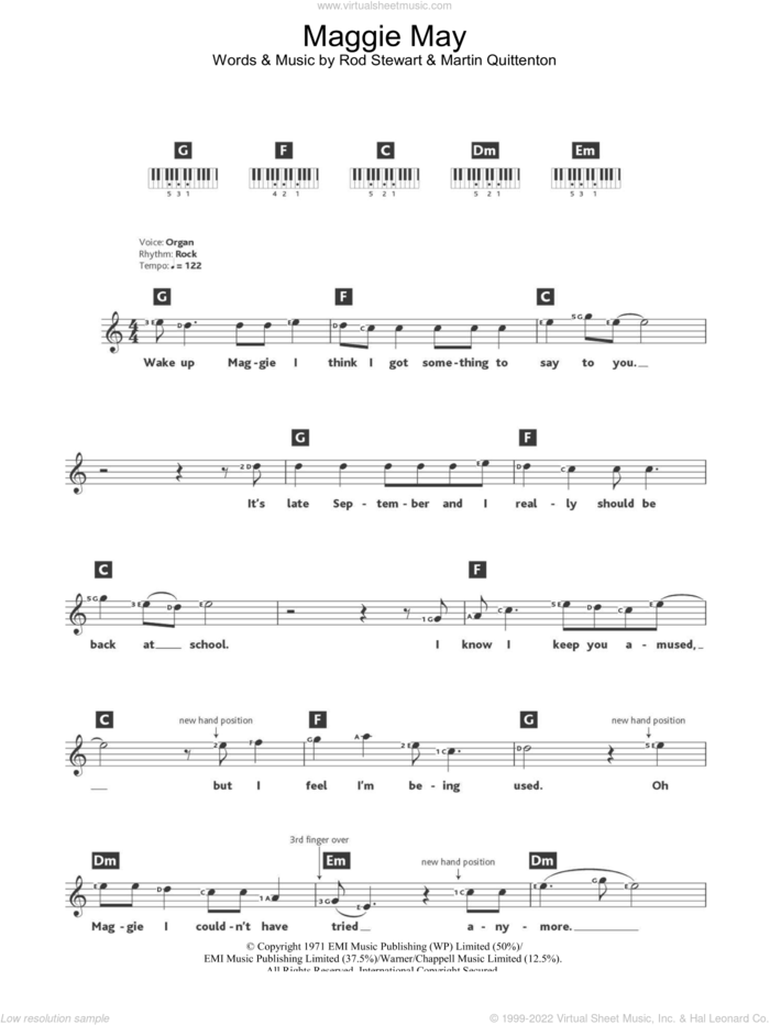 Maggie May sheet music for piano solo (chords, lyrics, melody) by Rod Stewart and Martin Quittenton, intermediate piano (chords, lyrics, melody)