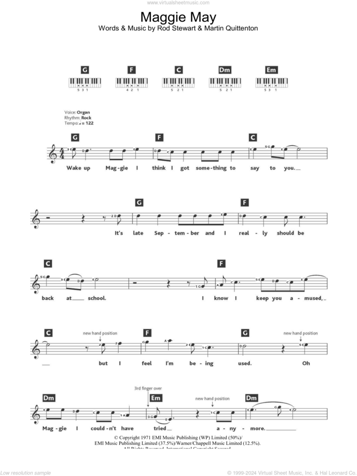 Maggie May sheet music for piano solo (chords, lyrics, melody) by Rod Stewart and Martin Quittenton, intermediate piano (chords, lyrics, melody)