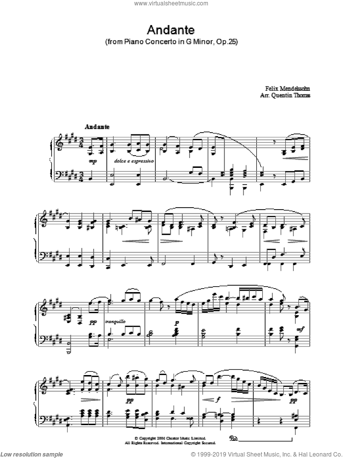Andante sheet music for piano solo by Felix Mendelssohn-Bartholdy, classical score, intermediate skill level