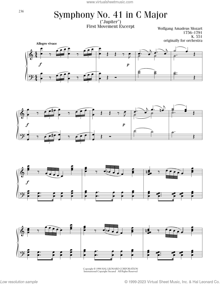 Symphony No. 41 In C Major ('Jupiter'), First Movement Excerpt sheet music for piano solo by Wolfgang Amadeus Mozart, classical score, intermediate skill level