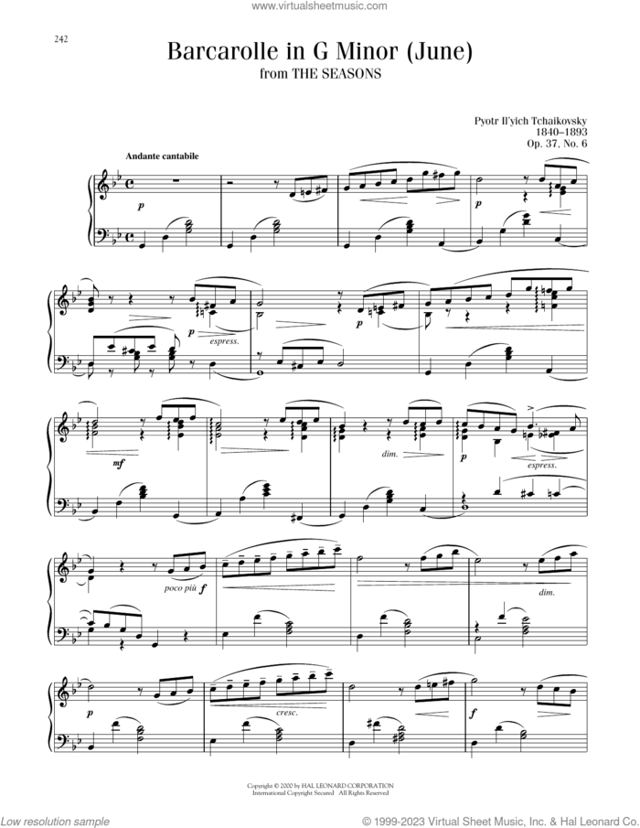 June: Barcarolle, Op. 37a/b sheet music for piano solo by Pyotr Ilyich Tchaikovsky, classical score, intermediate skill level