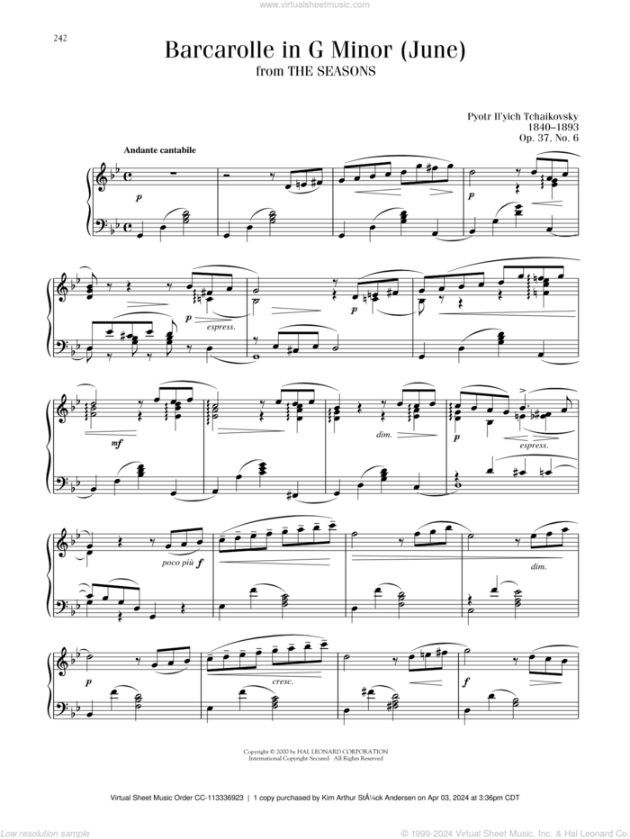 June: Barcarolle, Op. 37a/b sheet music for piano solo by Pyotr Ilyich Tchaikovsky, classical score, intermediate skill level