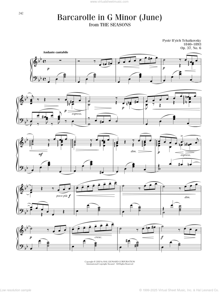 June: Barcarolle, Op. 37a/b sheet music for piano solo by Pyotr Ilyich Tchaikovsky, classical score, intermediate skill level