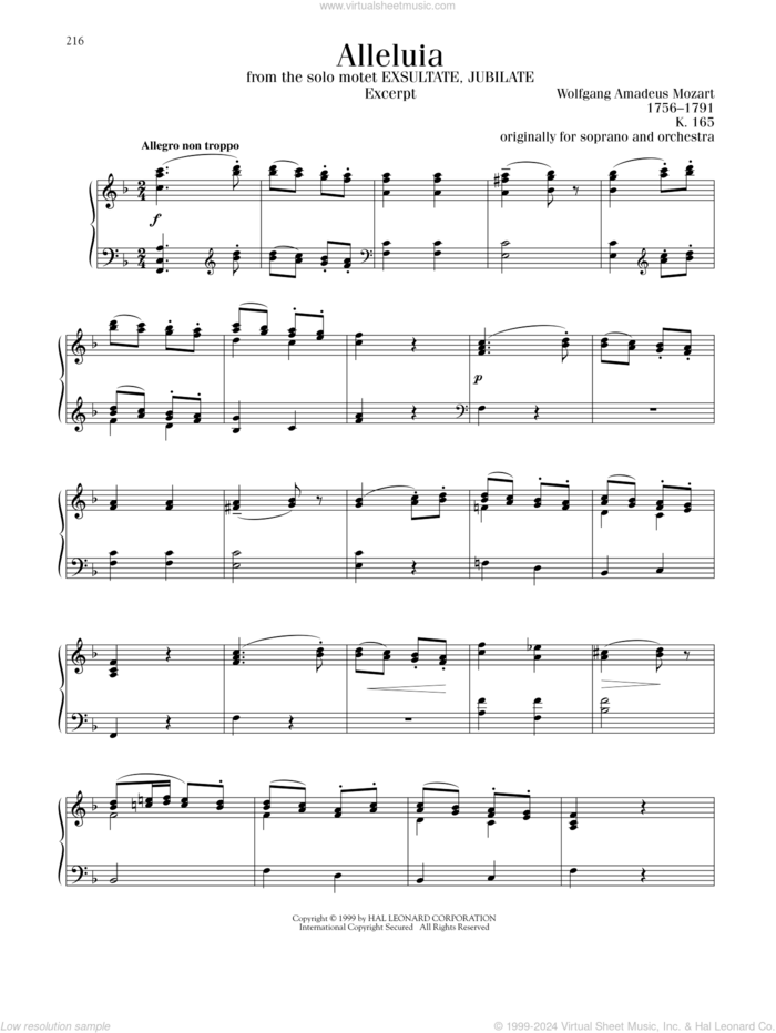 Alleluia, K. 165 sheet music for piano solo by Wolfgang Amadeus Mozart, classical score, intermediate skill level