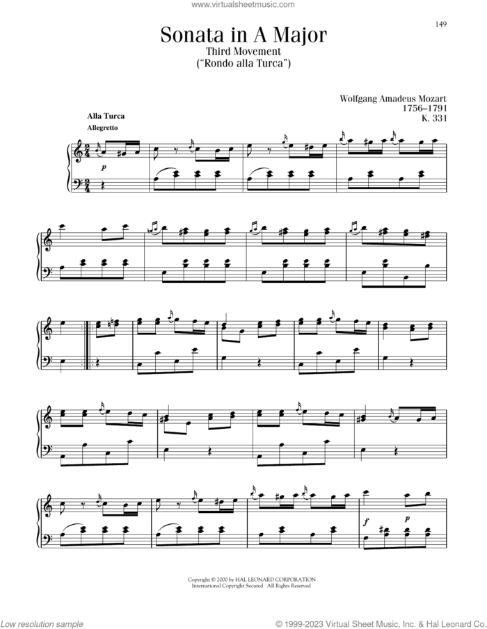 Rondo: Allegretto (Alla Turca), K. 331 sheet music for piano solo by Wolfgang Amadeus Mozart, classical score, intermediate skill level