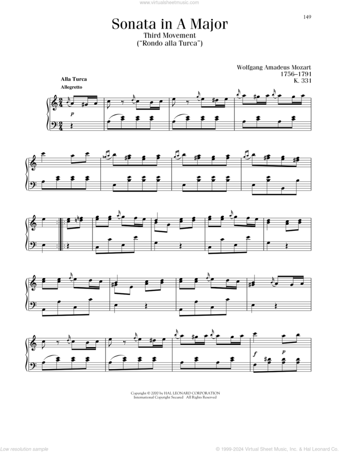 Rondo: Allegretto (Alla Turca), K. 331 sheet music for piano solo by Wolfgang Amadeus Mozart, classical score, intermediate skill level