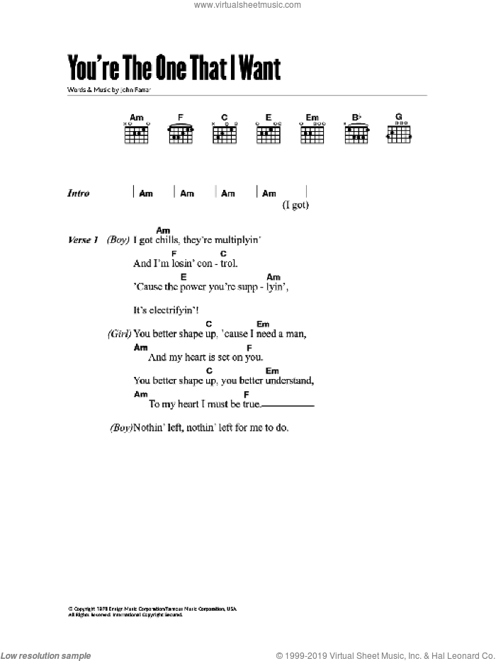 You're The One That I Want sheet music for guitar (chords) by John Farrar, intermediate skill level