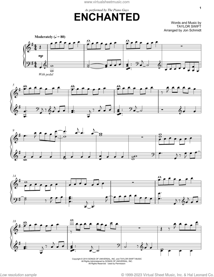 Enchanted sheet music for piano solo by The Piano Guys and Taylor Swift, intermediate skill level