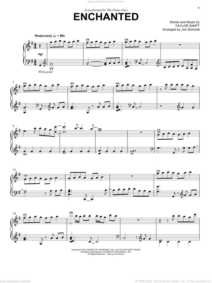 Enchanted sheet music for piano solo by The Piano Guys and Taylor Swift, intermediate skill level