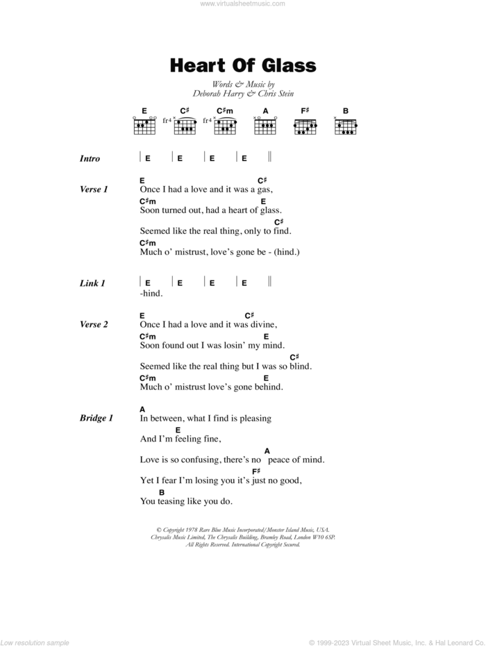 Heart Of Glass sheet music for guitar (chords) by Blondie, Chris Stein and Deborah Harry, intermediate skill level