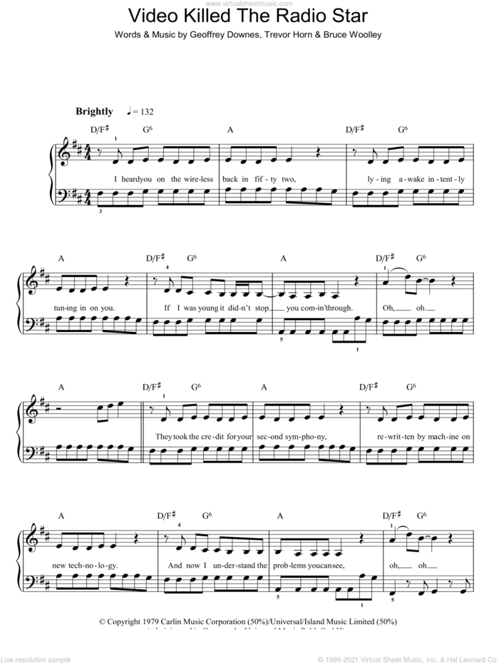 Video Killed The Radio Star sheet music for piano solo by The Buggles, Bruce Woolley, Geoff Downes and Trevor Horn, easy skill level