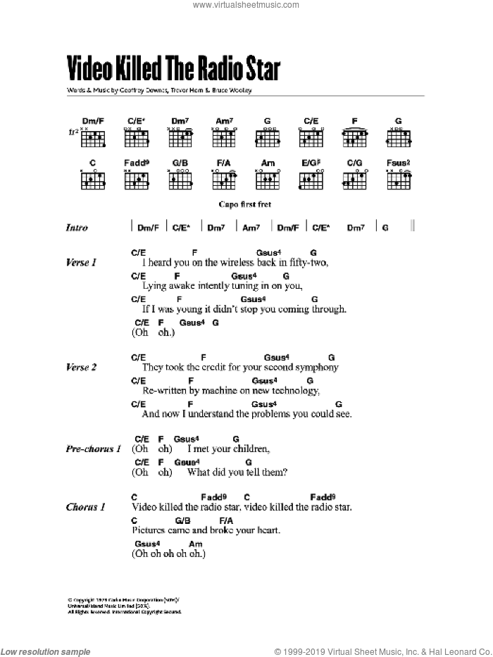 Video Killed The Radio Star sheet music for guitar (chords) by The Buggles, Bruce Woolley, Geoff Downes and Trevor Horn, intermediate skill level
