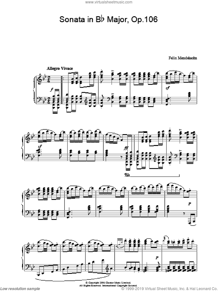 Sonata in Bb Major, Op.106 sheet music for piano solo by Felix Mendelssohn-Bartholdy, classical score, intermediate skill level
