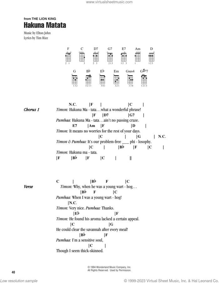 Hakuna Matata (from The Lion King) sheet music for ukulele (chords) by Elton John and Tim Rice, intermediate skill level