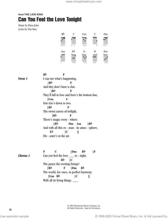 Can You Feel The Love Tonight (from The Lion King) sheet music for ukulele (chords) by Elton John and Tim Rice, intermediate skill level