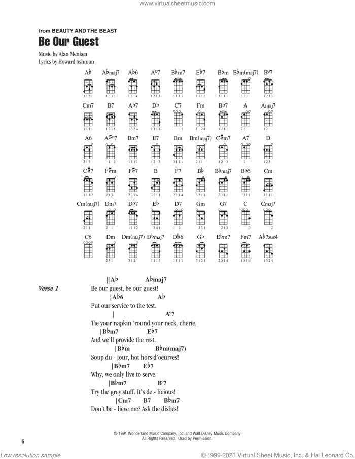 Be Our Guest (from Beauty And The Beast) sheet music for ukulele (chords) by Alan Menken, Alan Menken & Howard Ashman and Howard Ashman, intermediate skill level