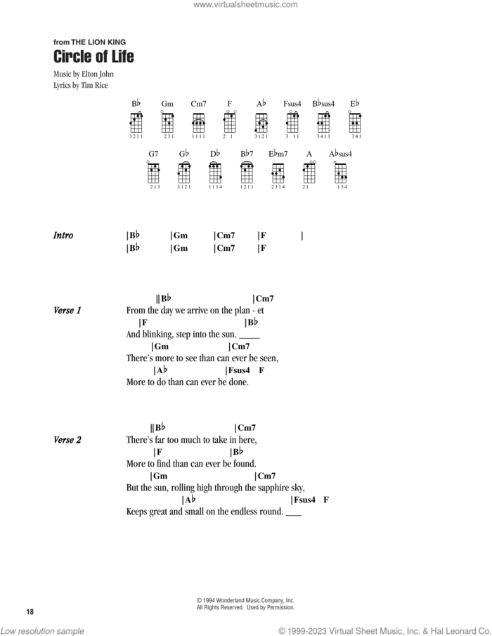 Circle Of Life (from The Lion King) sheet music for ukulele (chords) by Elton John and Tim Rice, intermediate skill level