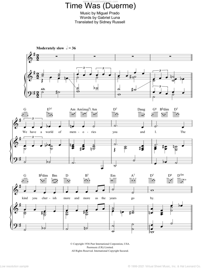 Time Was (Duerme) sheet music for voice, piano or guitar by The Four Freshmen, Miguel Prado, Gabriel Luna and Sidney Russell, intermediate skill level