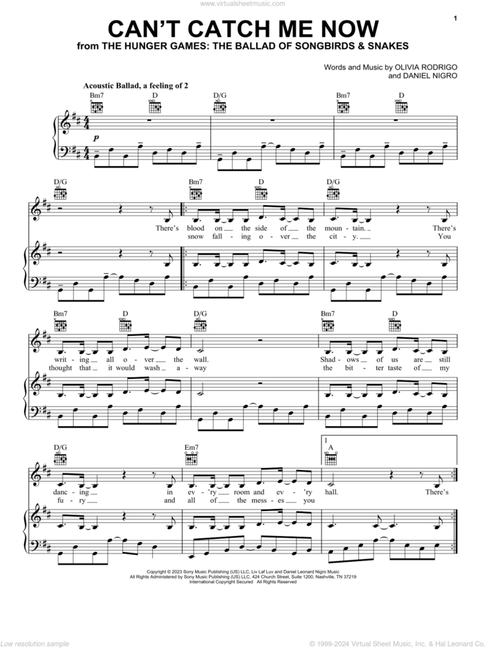 Can't Catch Me Now (from The Hunger Games: The Ballad of Songbirds and Snakes) sheet music for voice, piano or guitar by Olivia Rodrigo and Daniel Nigro, intermediate skill level