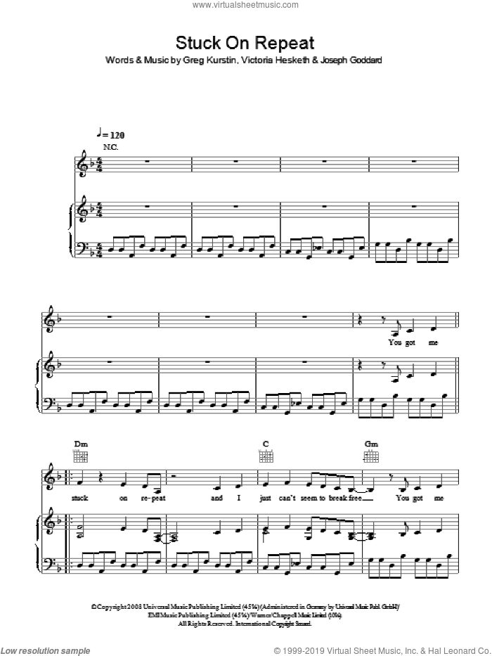 Stuck On Repeat sheet music for voice, piano or guitar by Little Boots, Greg Kurstin, Joseph Goddard and Victoria Hesketh, intermediate skill level