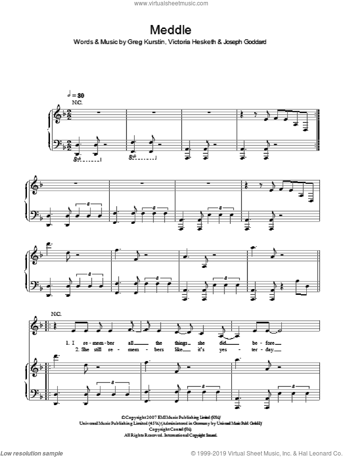 Meddle sheet music for voice, piano or guitar by Little Boots, Greg Kurstin, Joseph Goddard and Victoria Hesketh, intermediate skill level