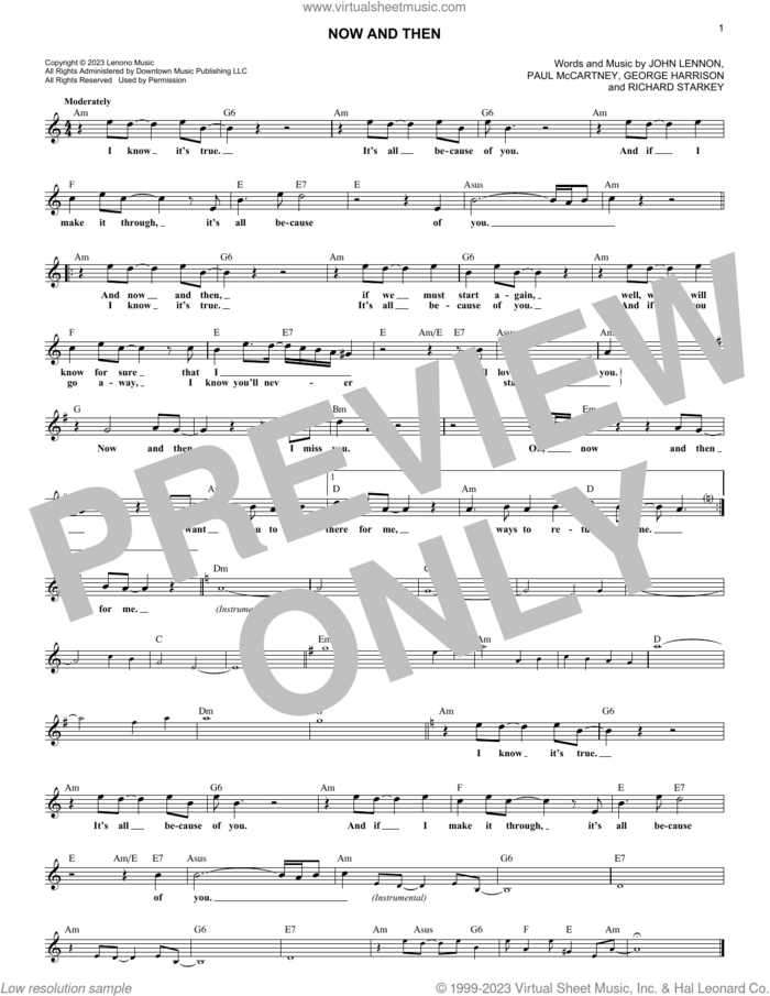 Now And Then sheet music for voice and other instruments (fake book) by The Beatles, George Harrison, John Lennon, Paul McCartney and Richard Starkey, intermediate skill level