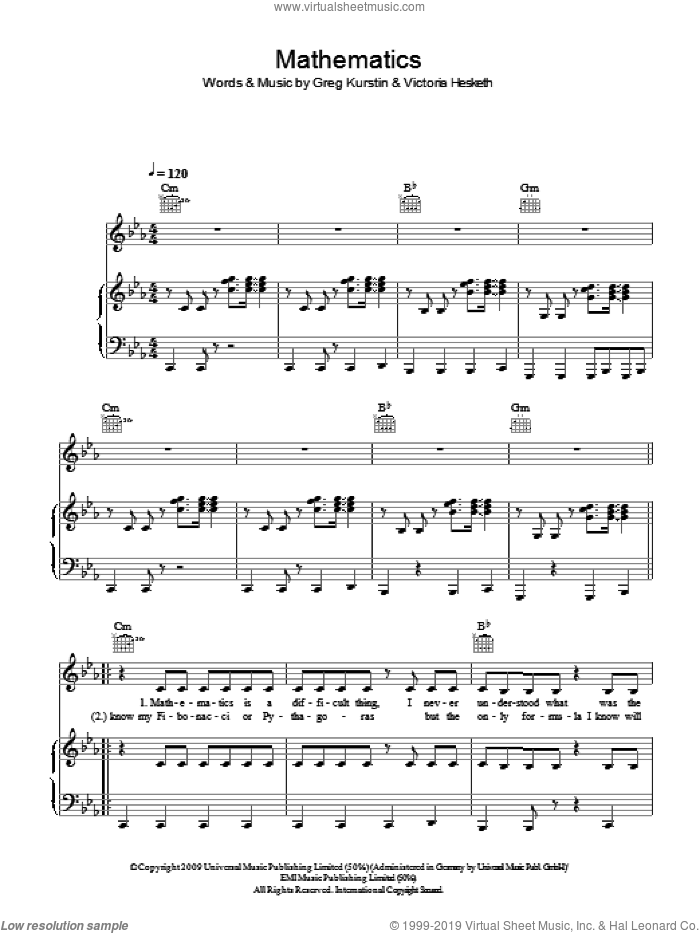 Mathematics sheet music for voice, piano or guitar by Little Boots, Greg Kurstin and Victoria Hesketh, intermediate skill level