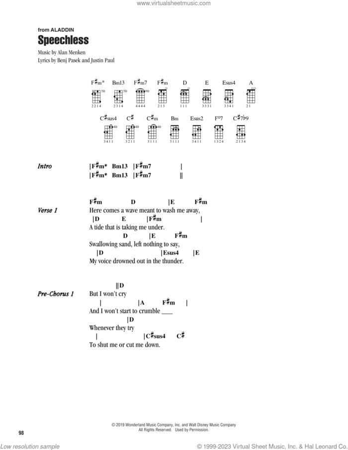 Speechless (from Aladdin) (2019) sheet music for ukulele (chords) by Naomi Scott, Alan Menken, Benj Pasek and Justin Paul, intermediate skill level