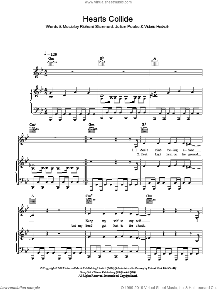 Hearts Collide sheet music for voice, piano or guitar by Little Boots, Julian Peake, Richard Stannard and Victoria Hesketh, intermediate skill level