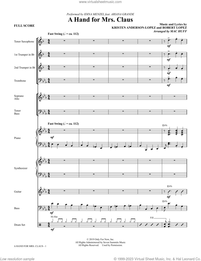 A Hand For Mrs. Claus (arr. Mac Huff) (COMPLETE) sheet music for orchestra/band by Idina Menzel feat. Ariana Grande, Kristen Anderson-Lopez, Mac Huff and Robert Lopez, intermediate skill level