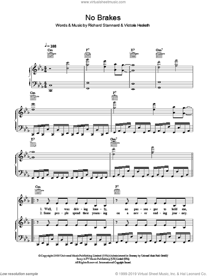 No Brakes sheet music for voice, piano or guitar by Little Boots, Richard Stannard and Victoria Hesketh, intermediate skill level