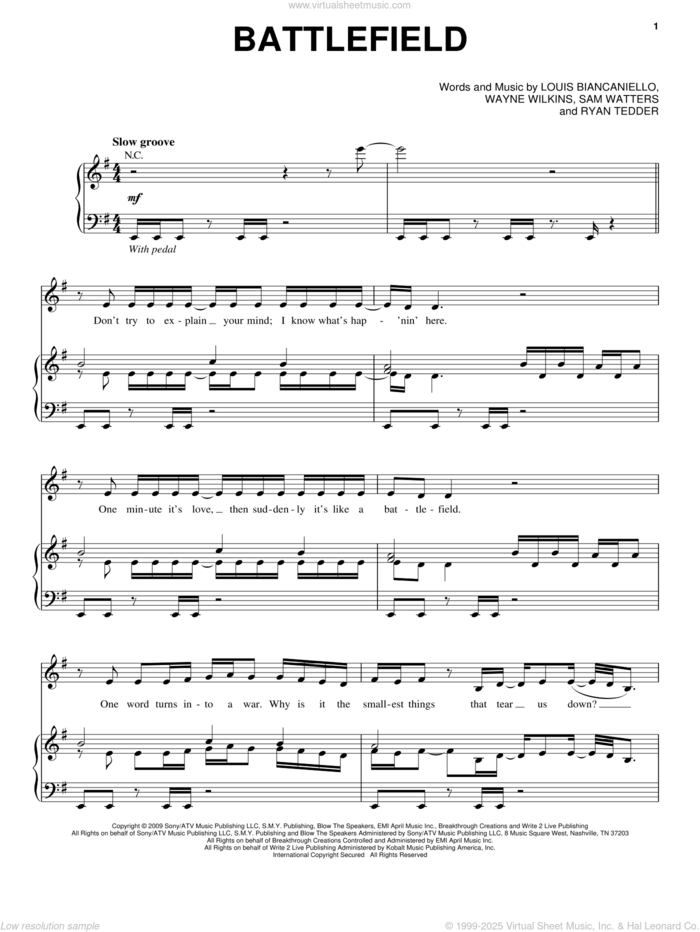 Battlefield sheet music for voice, piano or guitar by Jordin Sparks, Louis Biancaniello, Ryan Tedder, Sam Watters and Wayne Wilkins, intermediate skill level