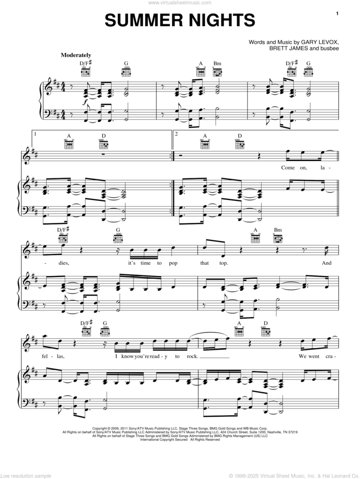 Summer Nights sheet music for voice, piano or guitar by Rascal Flatts, Brett James, Gary Levox and Michael Busbee, intermediate skill level