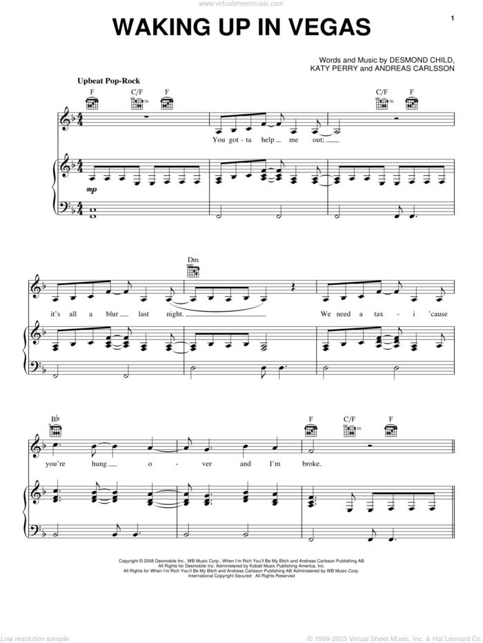 Waking Up In Vegas sheet music for voice, piano or guitar by Katy Perry, Andreas Carlsson and Desmond Child, intermediate skill level